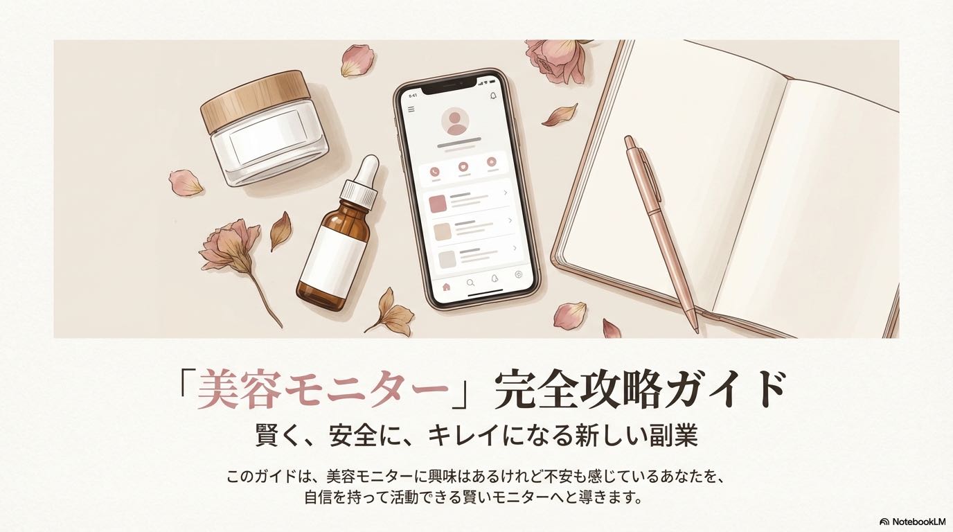 「美容モニター完全攻略ガイド」の表紙画像。コスメとノートのイラスト。