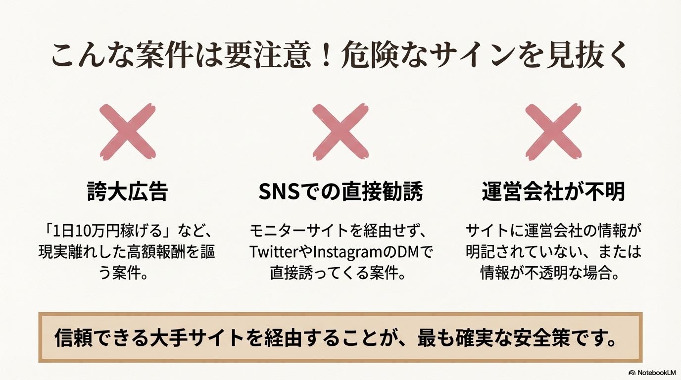 誇大広告、SNSの直接勧誘、運営会社不明など要注意な案件のサイン。