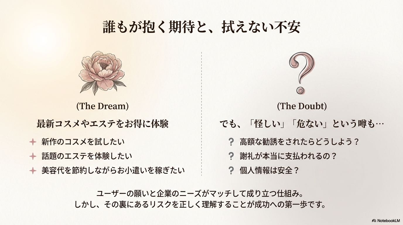美容モニターへの期待（最新コスメ体験）と不安（勧誘・安全性）の比較図。