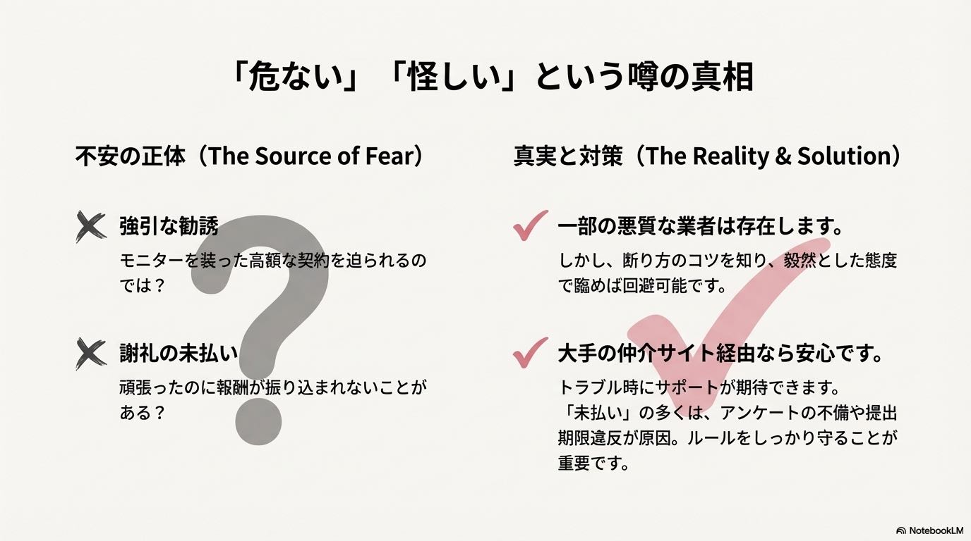 勧誘や未払いといった不安の正体と、大手サイト経由などの解決策。
