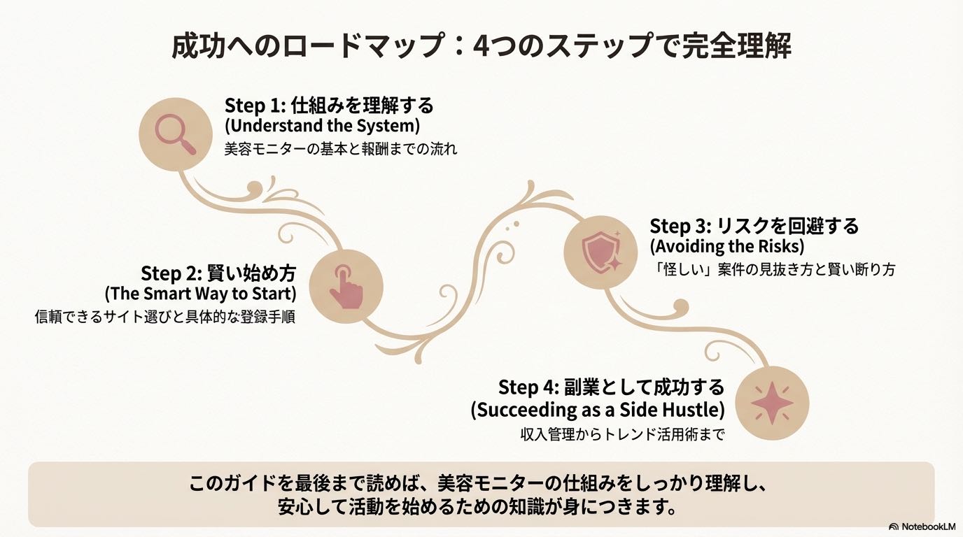 成功へのロードマップ。仕組み理解、始め方、リスク回避、副業成功の4ステップ。