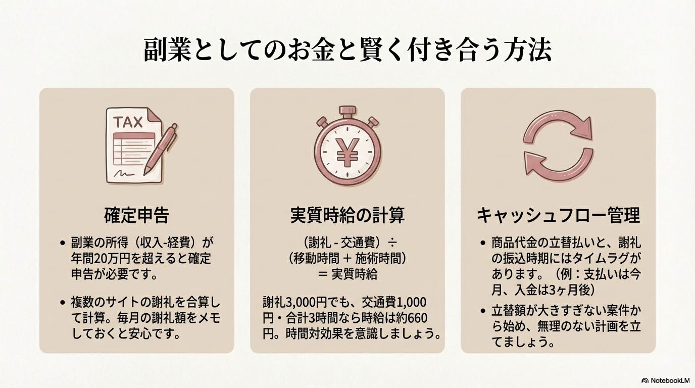 確定申告のルール、実質時給の計算式、キャッシュフロー管理の重要性。