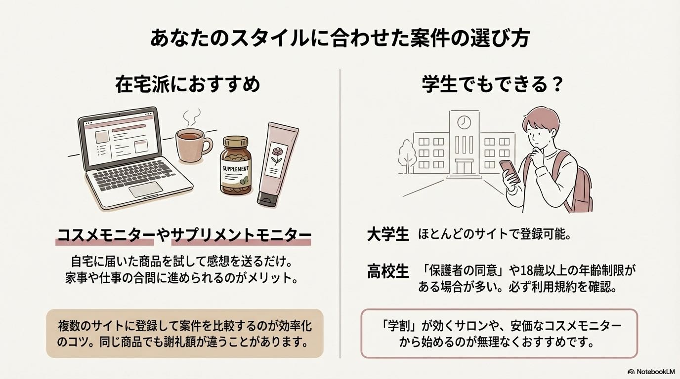 在宅派（コスメ・サプリ）と学生向けの案件選びのポイント解説。