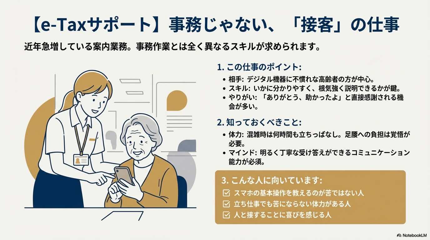高齢者へのスマホ操作案内を中心とした接客業務のポイント、体力面での注意点、向いている人の特徴をまとめた図。