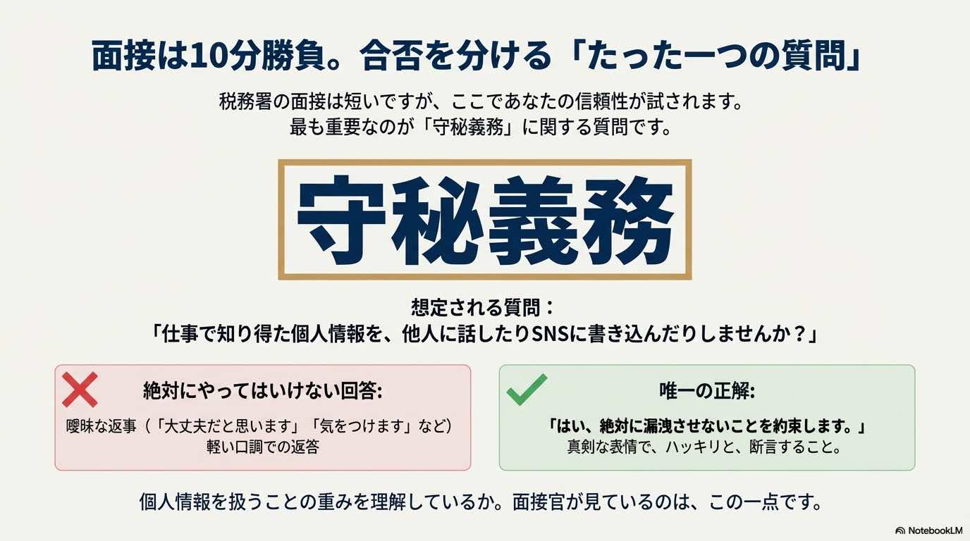 「個人情報を漏洩させないか」という質問に対し、曖昧な返事は避け「はい、絶対に漏洩させないことを約束します」と断言すべきことを強調したスライド。