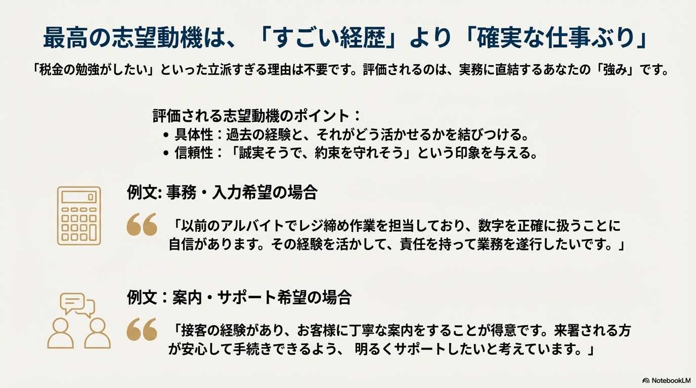 事務希望なら「正確さ」、案内希望なら「接客経験」を活かすなど、具体性と信頼性を重視した志望動機のポイントと例文。