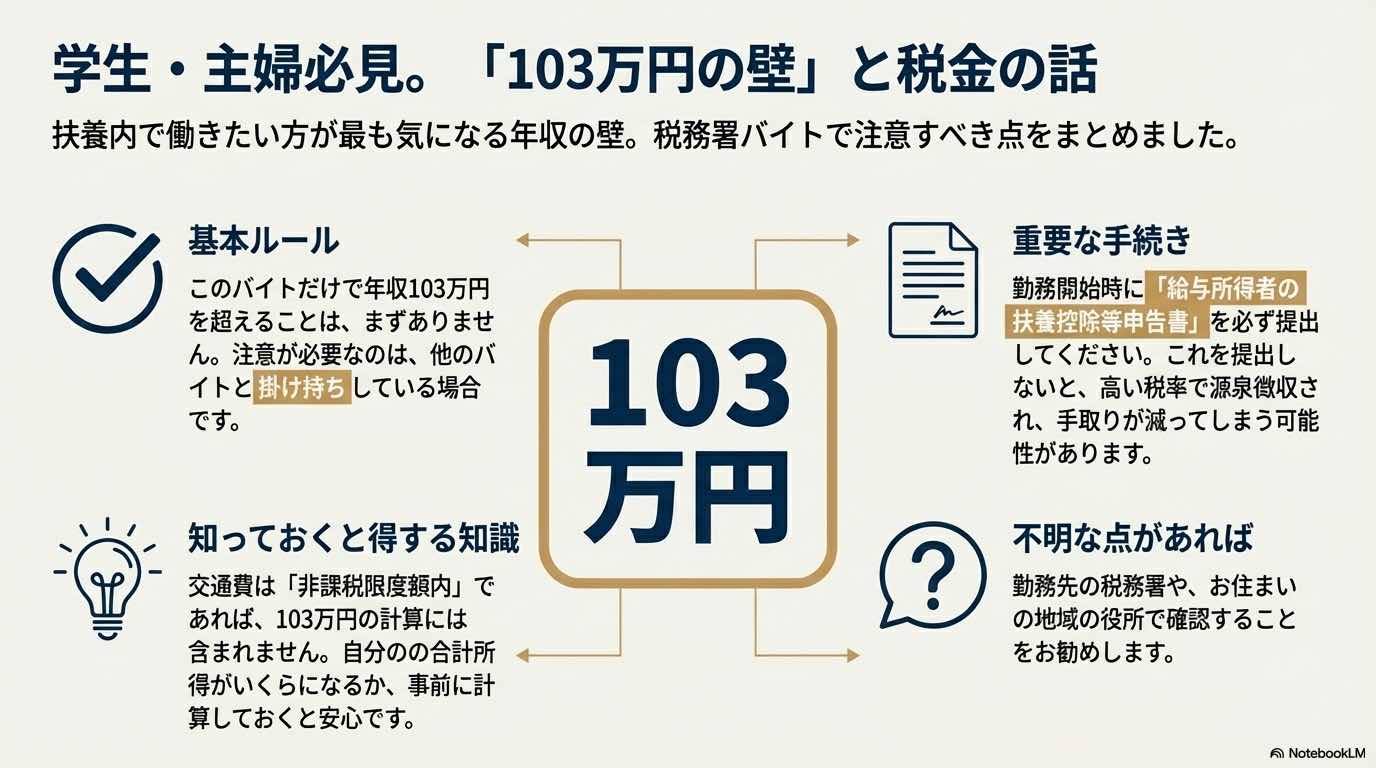 103万円の計算における交通費の扱い（非課税限度額内）や、手取りを減らさないための「扶養控除等申告書」の提出についてまとめた図。