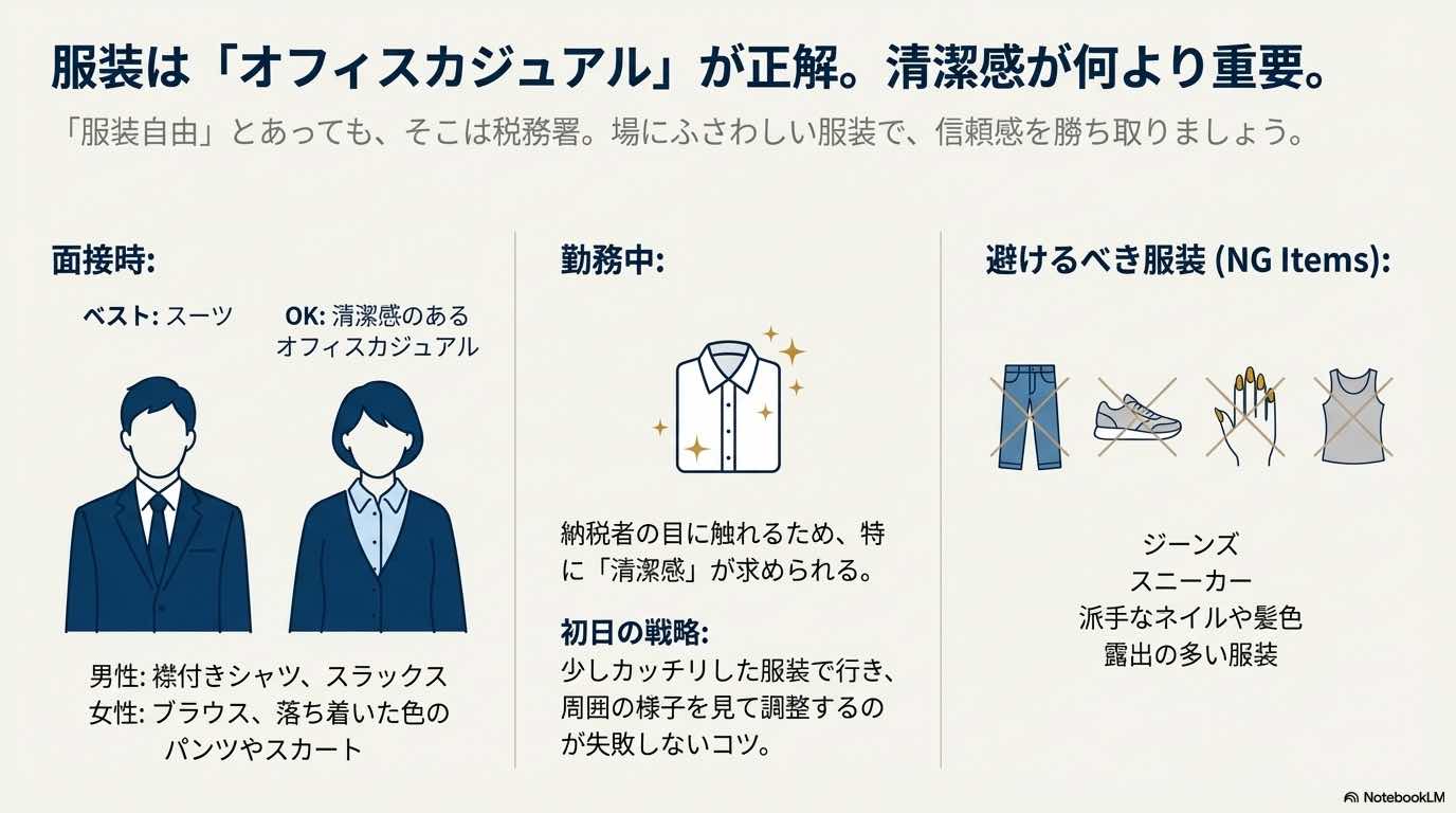 男女別のオフィスカジュアルの例と、ジーンズ・スニーカー・派手なネイルなど避けるべきNGアイテムをイラストで解説。