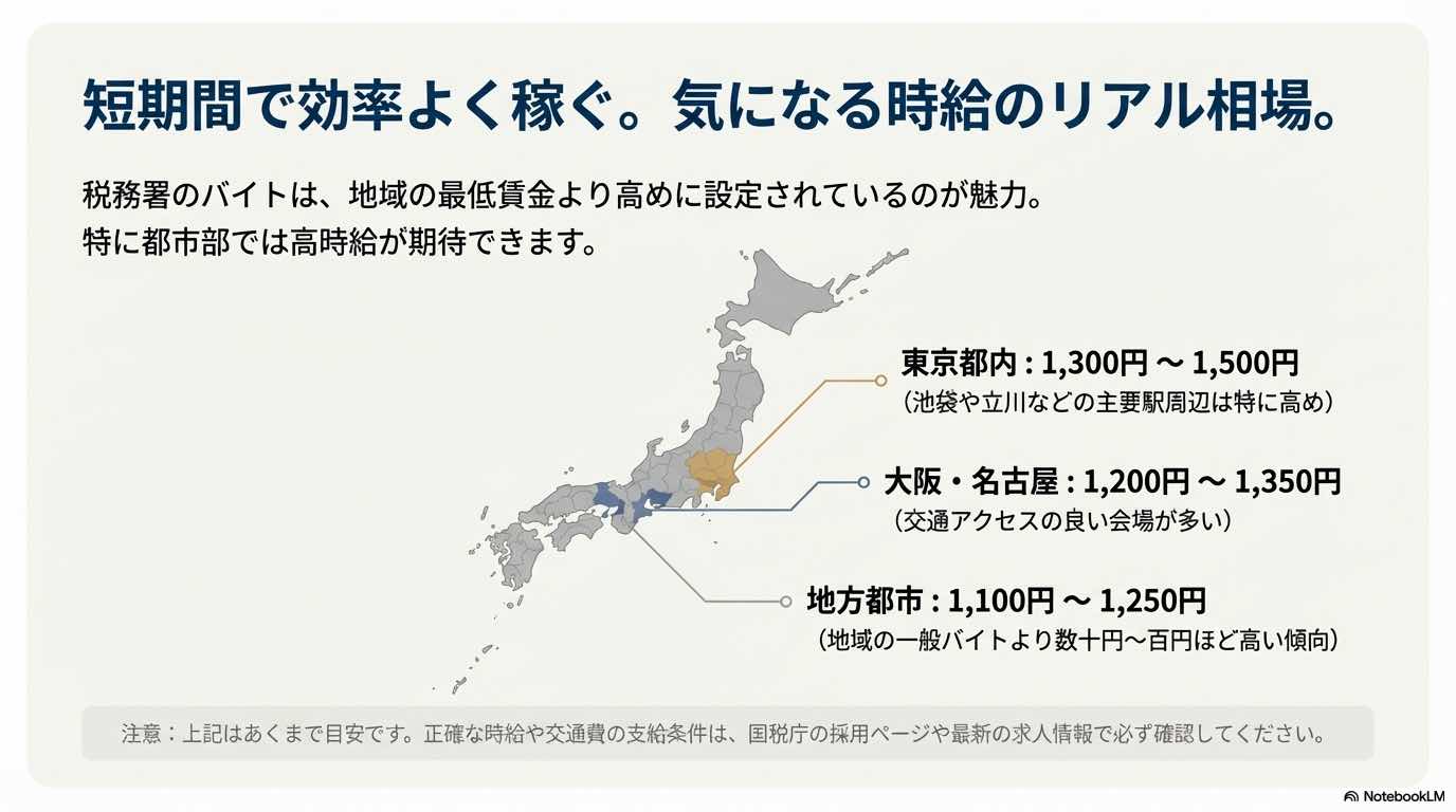 東京（1,300円〜1,500円）、大阪・名古屋（1,200円〜1,350円）、地方都市（1,100円〜1,250円）の時給目安を示した日本地図のイラスト。