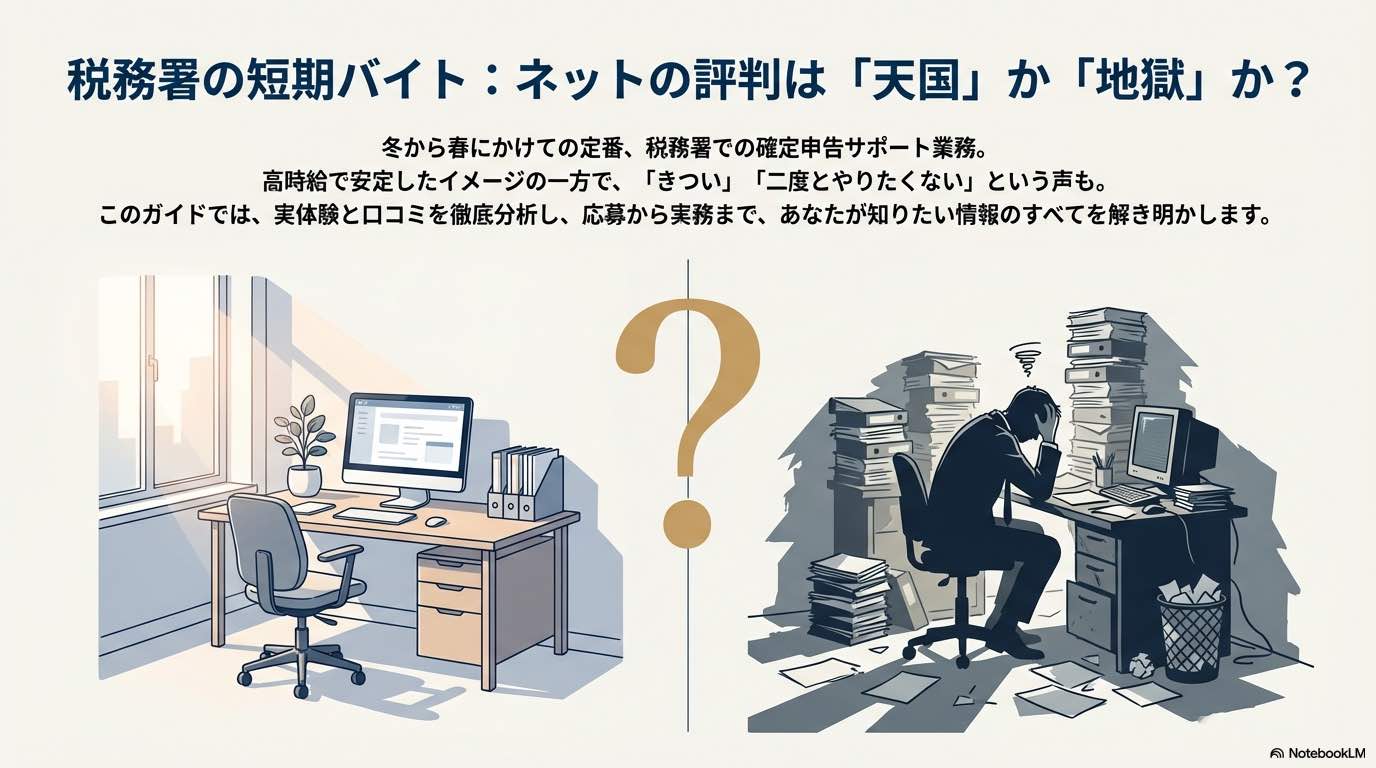 税務署の短期バイトの評判について、パソコンのある綺麗なデスクと、書類に囲まれて頭を抱える人のイラストで「天国か地獄か」を対比させたアイキャッチ画像。