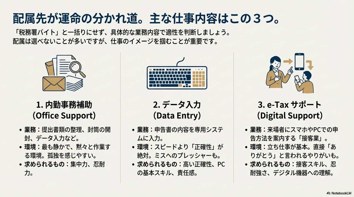 税務署バイトの配属先として「内勤事務補助」「データ入力」「e-Taxサポート」の3種類をイラスト付きで紹介するスライド。