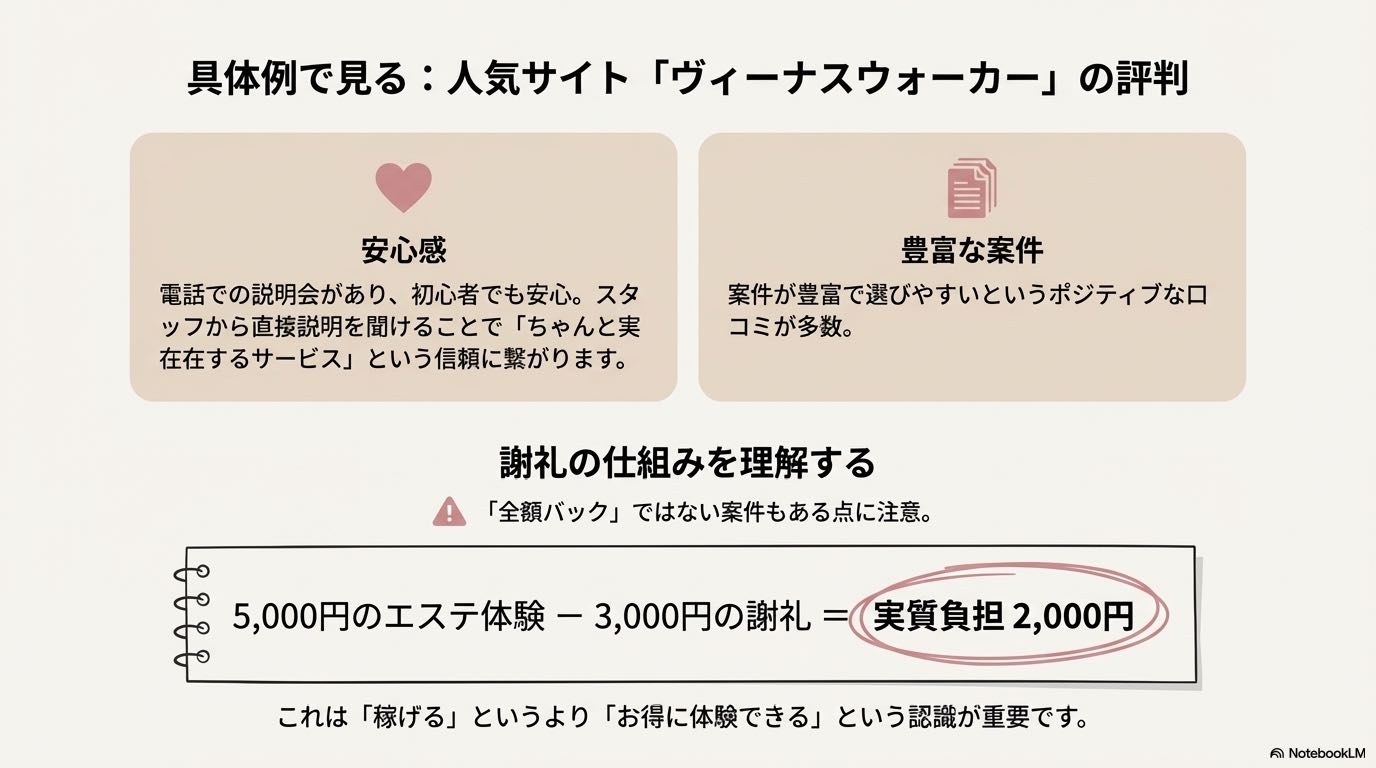 人気サイト「ヴィーナスウォーカー」の評判と謝礼（実質負担）の仕組み解説。