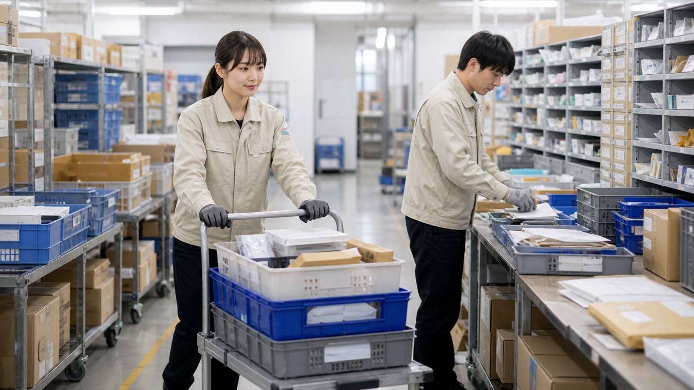 郵便局仕分けバイトで郵便物や荷物を台車で運ぶ作業のイメージ