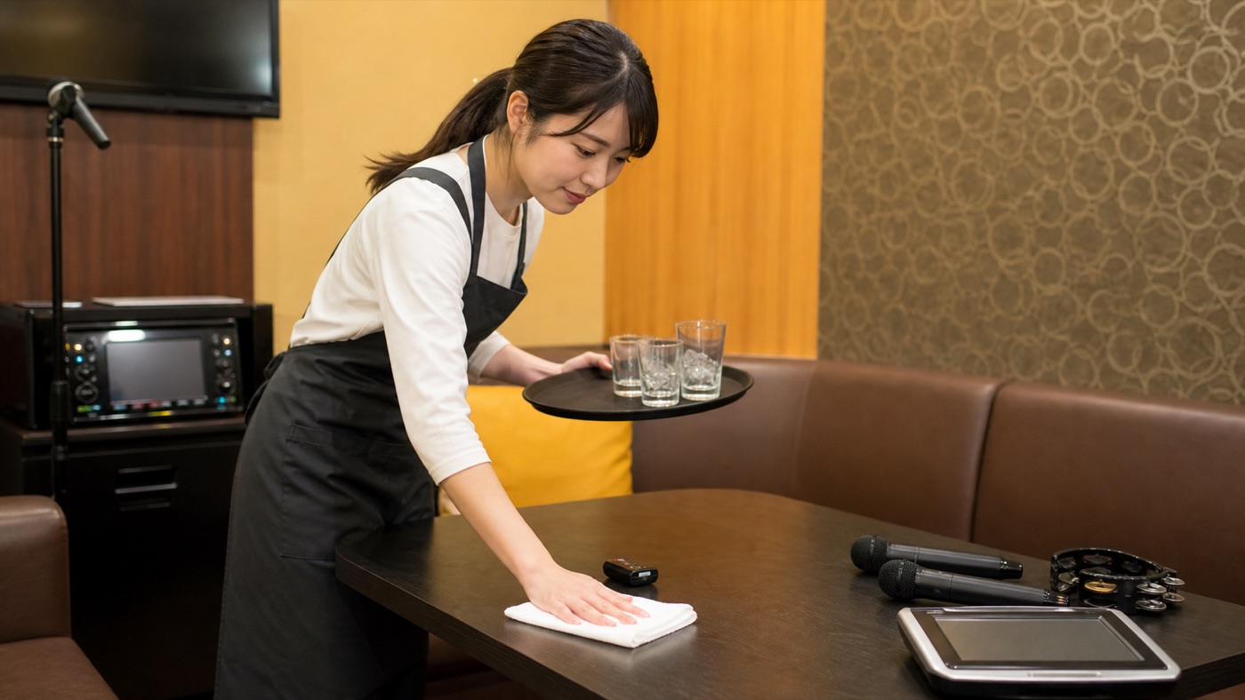 カラオケバイトで部屋の片付けや清掃をする作業のイメージ