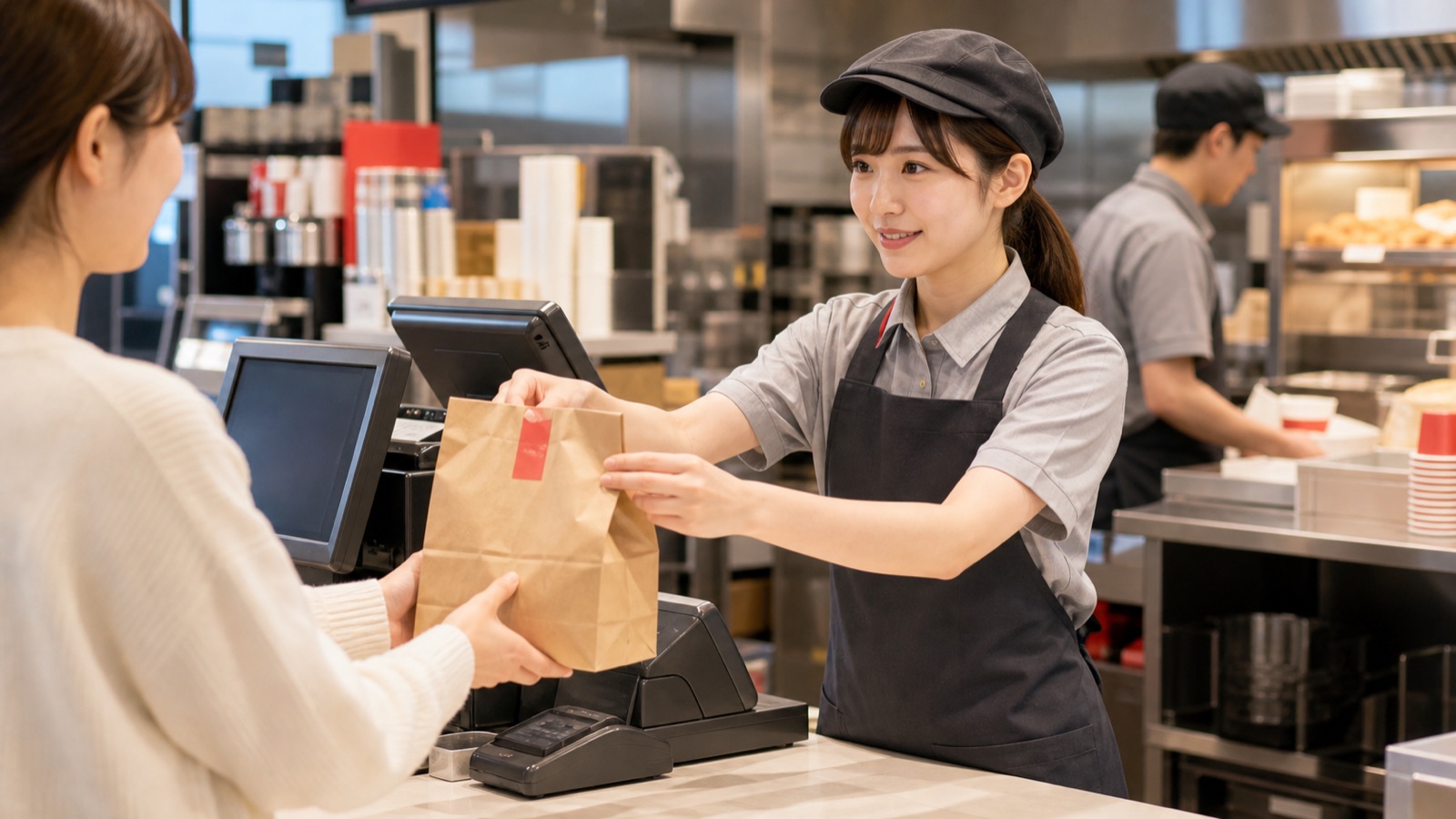 ファストフード店のカウンターで商品を渡すバイトスタッフのイメージ
