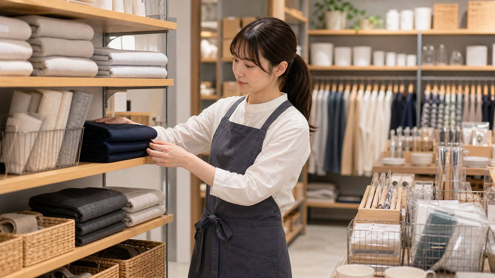 無印良品バイトで衣料品や生活雑貨の売り場を整える作業イメージ