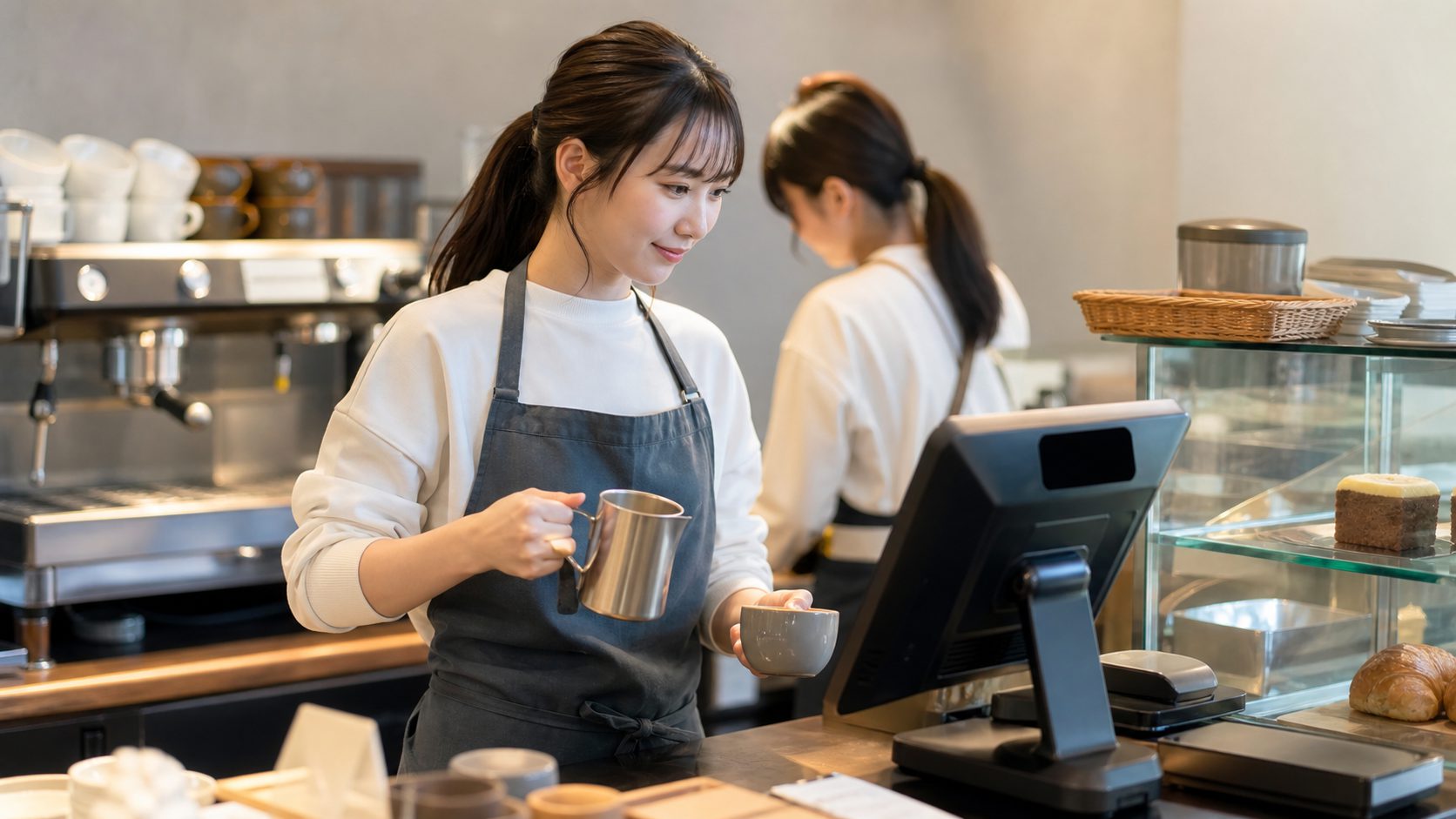 スタババイトのレジやドリンク作成など仕事内容を説明するカフェ作業画像
