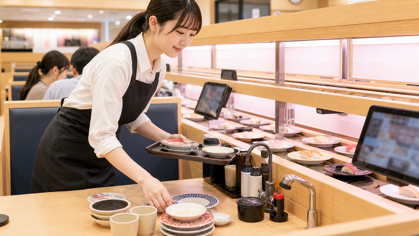 回転寿司店で皿の片付けや客席確認をするバイトスタッフのイメージ