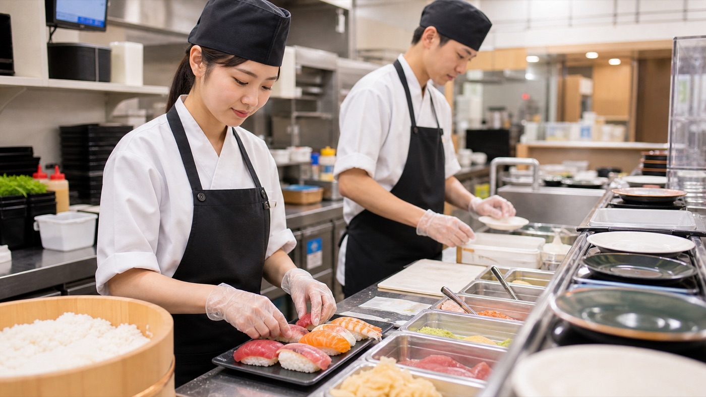 回転寿司店のキッチンで調理補助をするバイトスタッフのイメージ