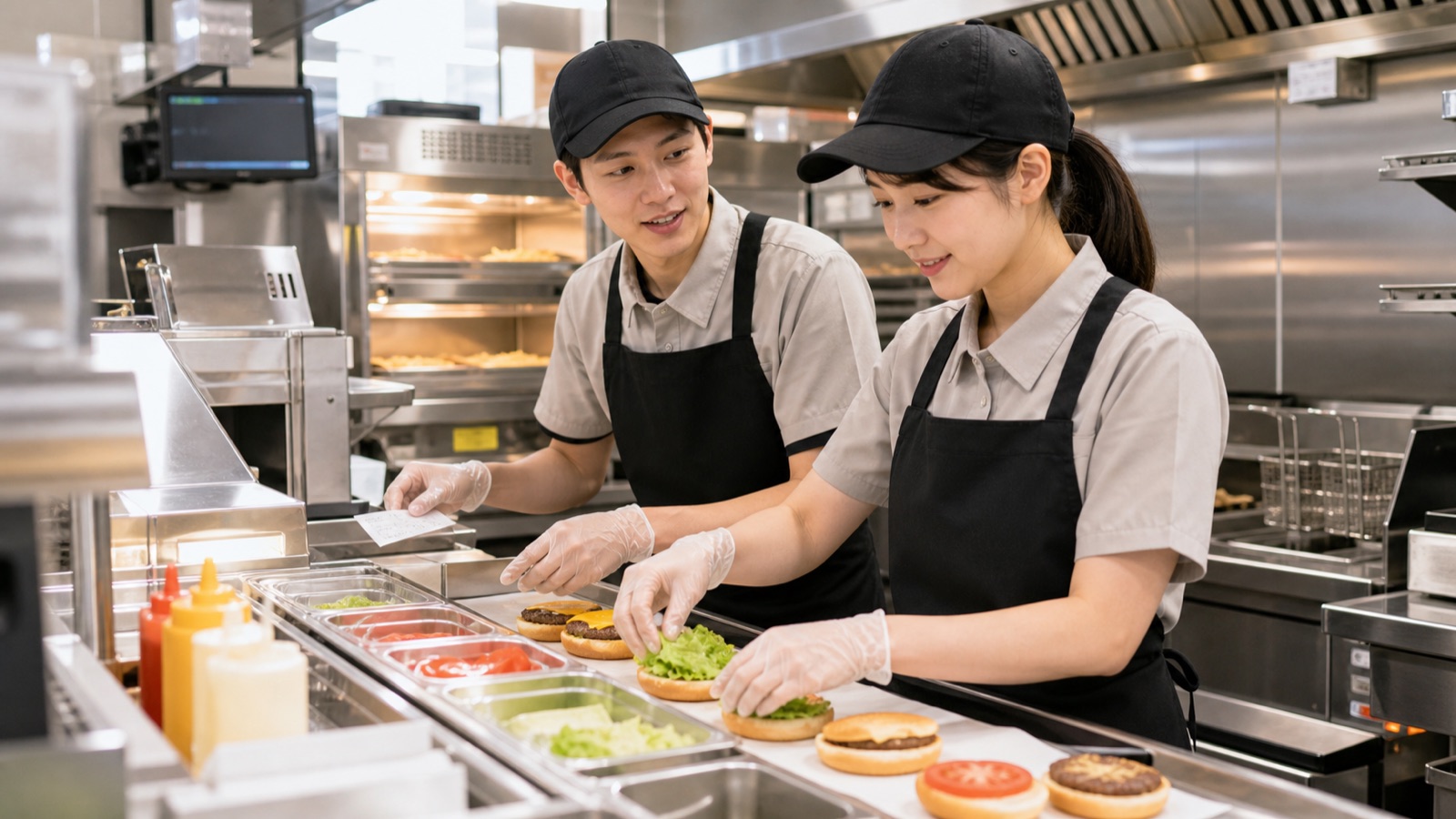 ファストフード店のキッチンで調理補助をするバイトスタッフのイメージ