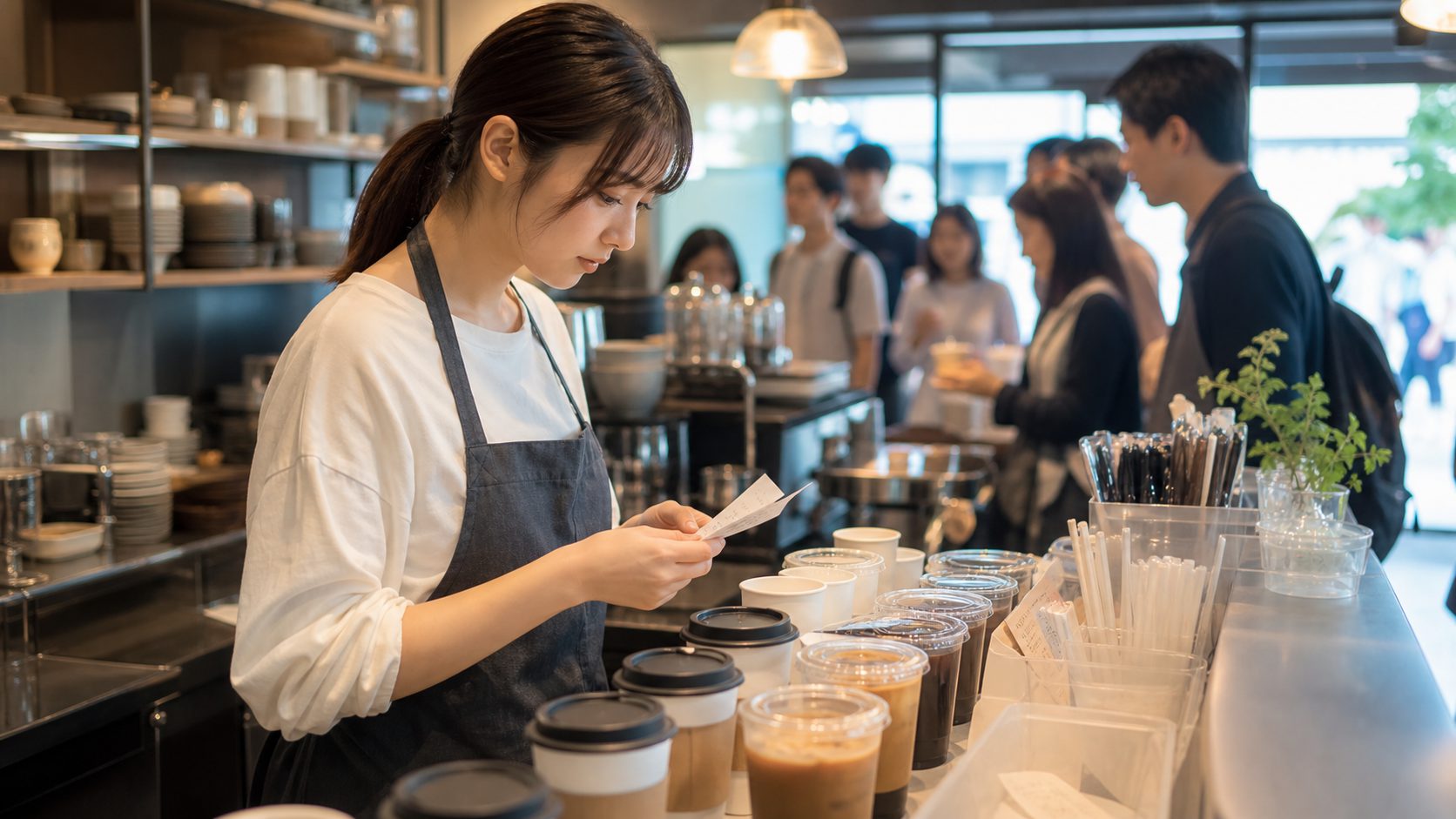 スタババイトでピーク時間に注文が重なり忙しくなる場面の画像