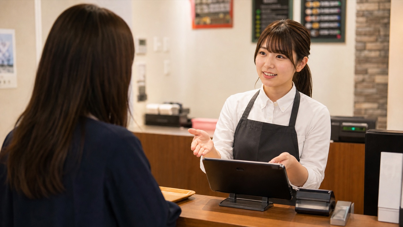 カラオケバイトで受付や会計対応をするスタッフのイメージ