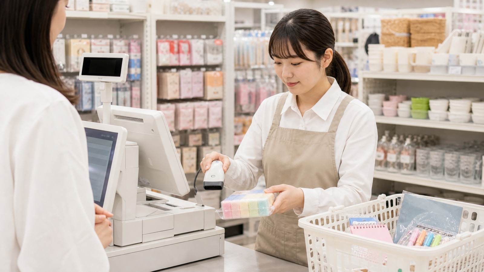 セリアのような100円ショップでレジ対応をするバイトスタッフのイメージ