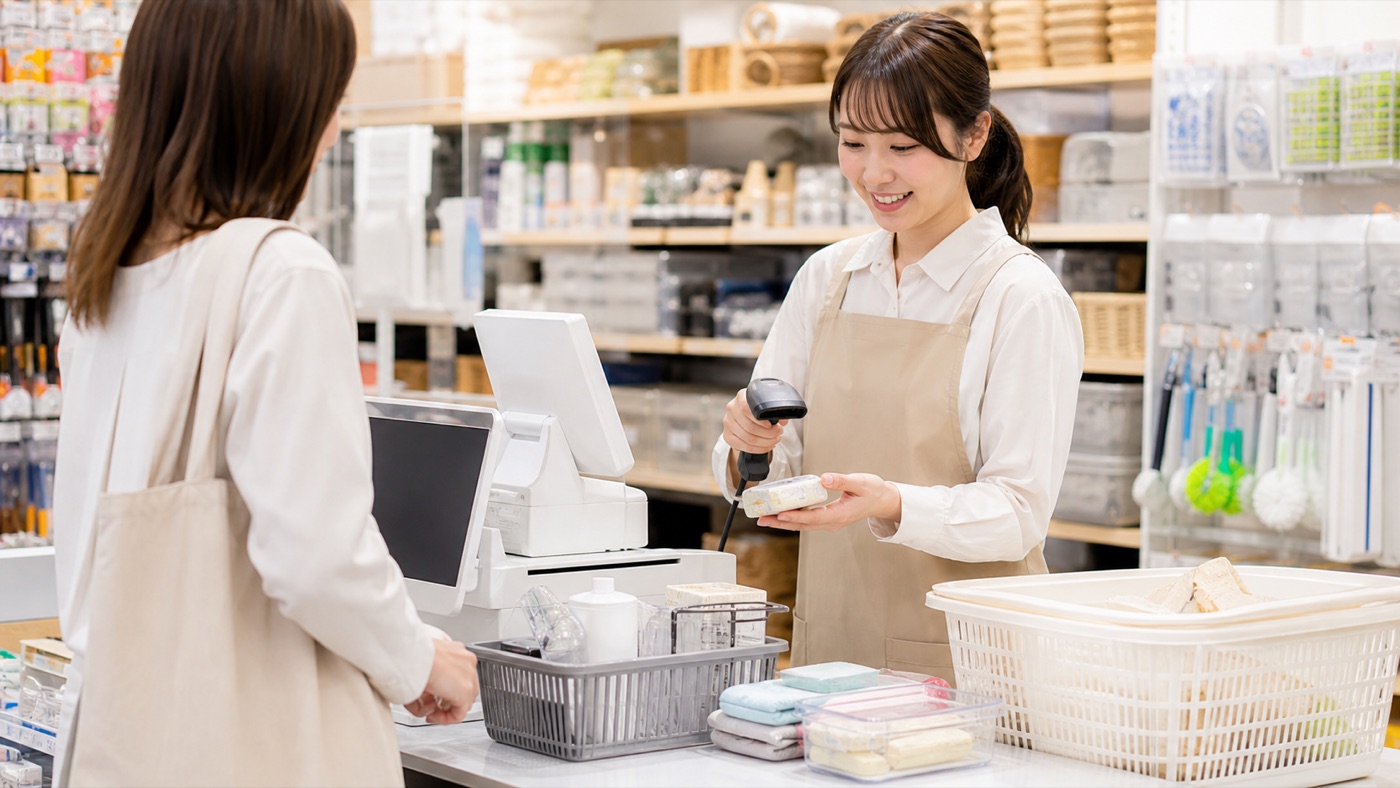 100円ショップでレジ対応をするバイトスタッフのイメージ