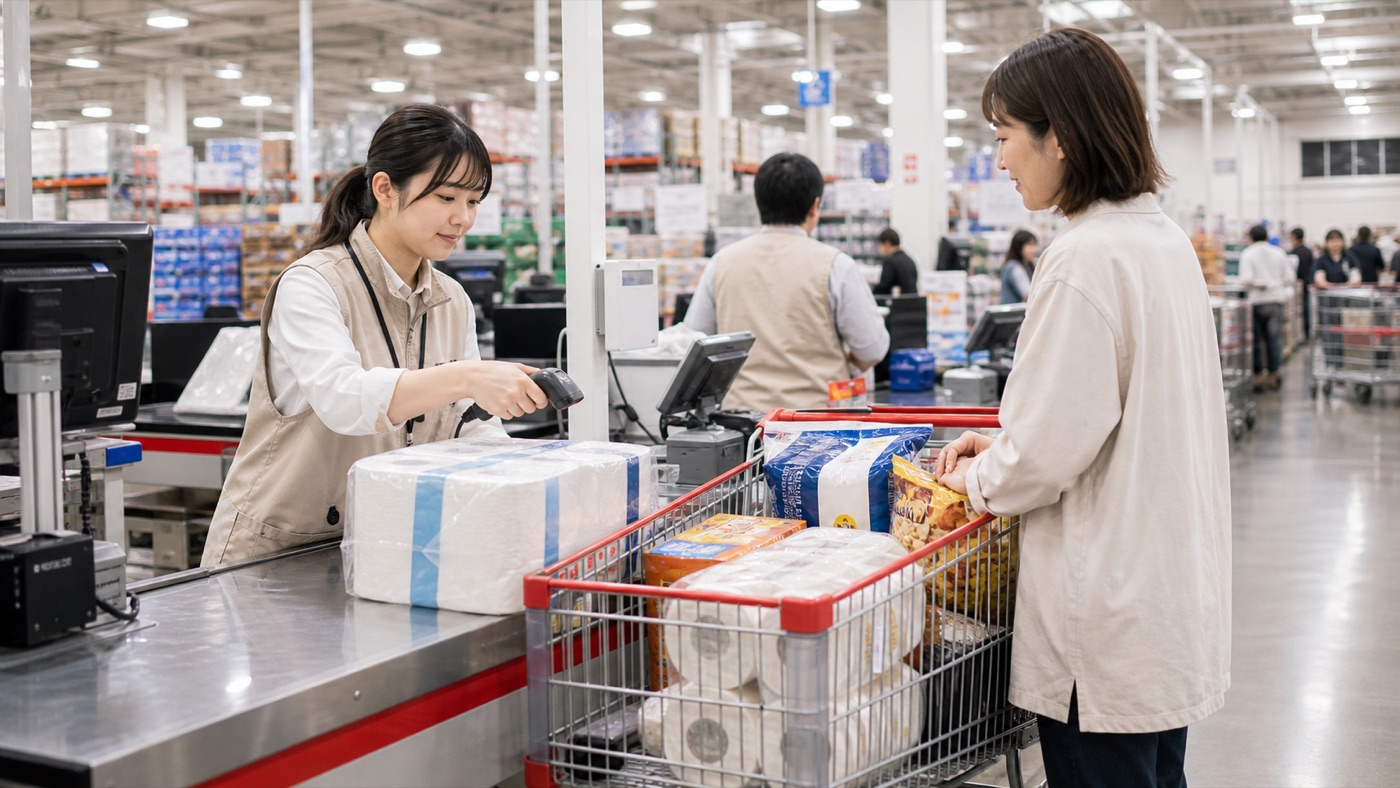 倉庫型店舗のレジで大型商品を確認するバイトスタッフのイメージ