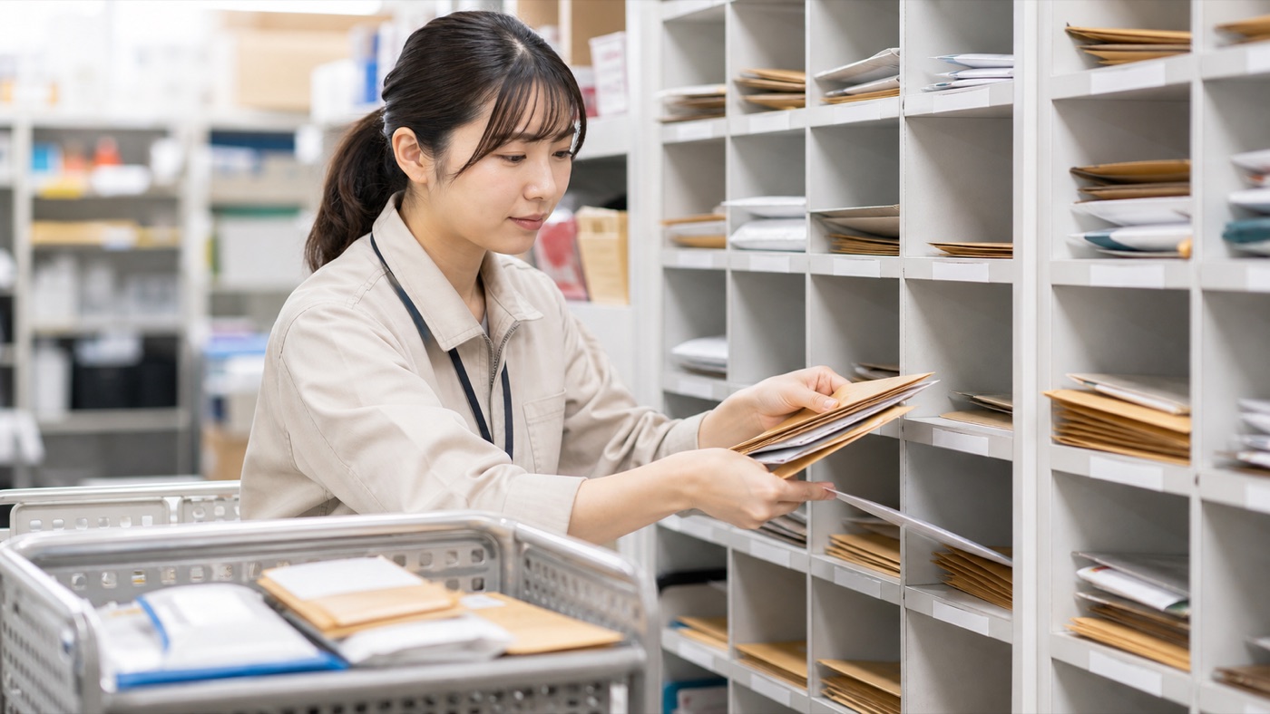 郵便局仕分けバイトで郵便物を棚へ区分する作業のイメージ