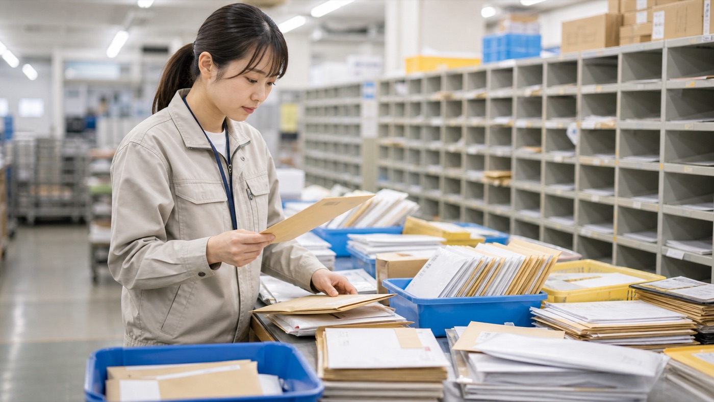 郵便局仕分けバイトに応募する前に仕事内容やきつい点を確認するスタッフのイメージ