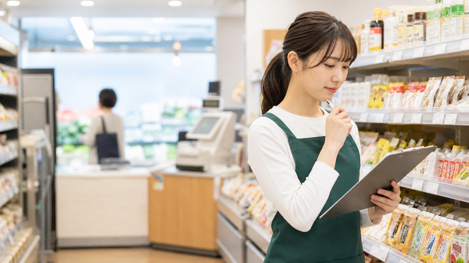 小型スーパーで勤務条件を確認するバイトスタッフのイメージ