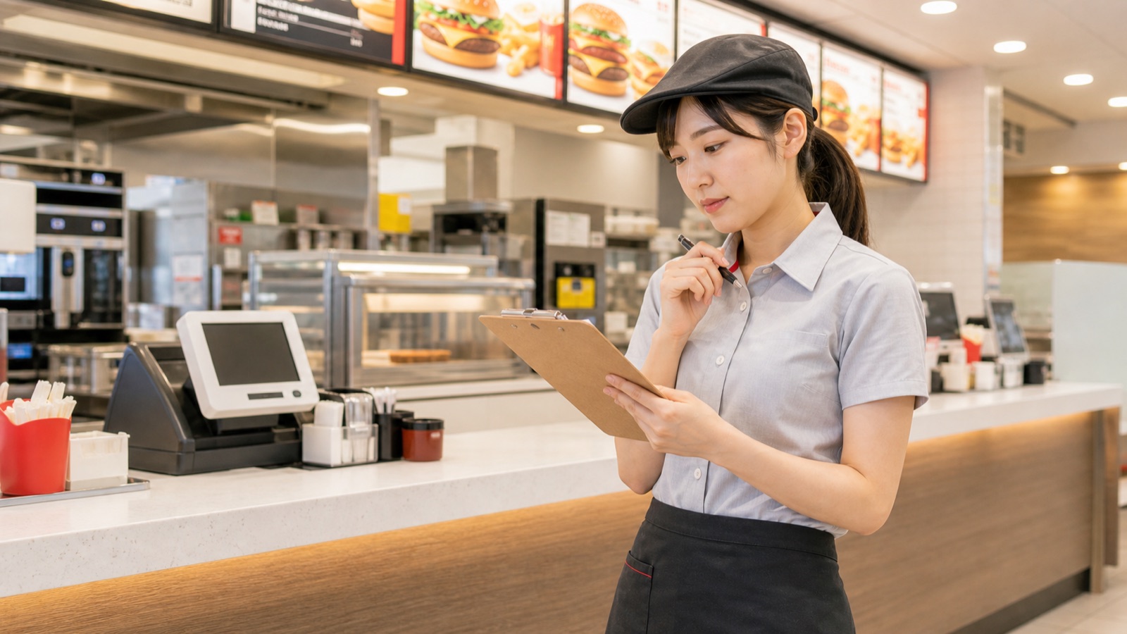 ファストフード店で勤務内容を確認するバイトスタッフのイメージ