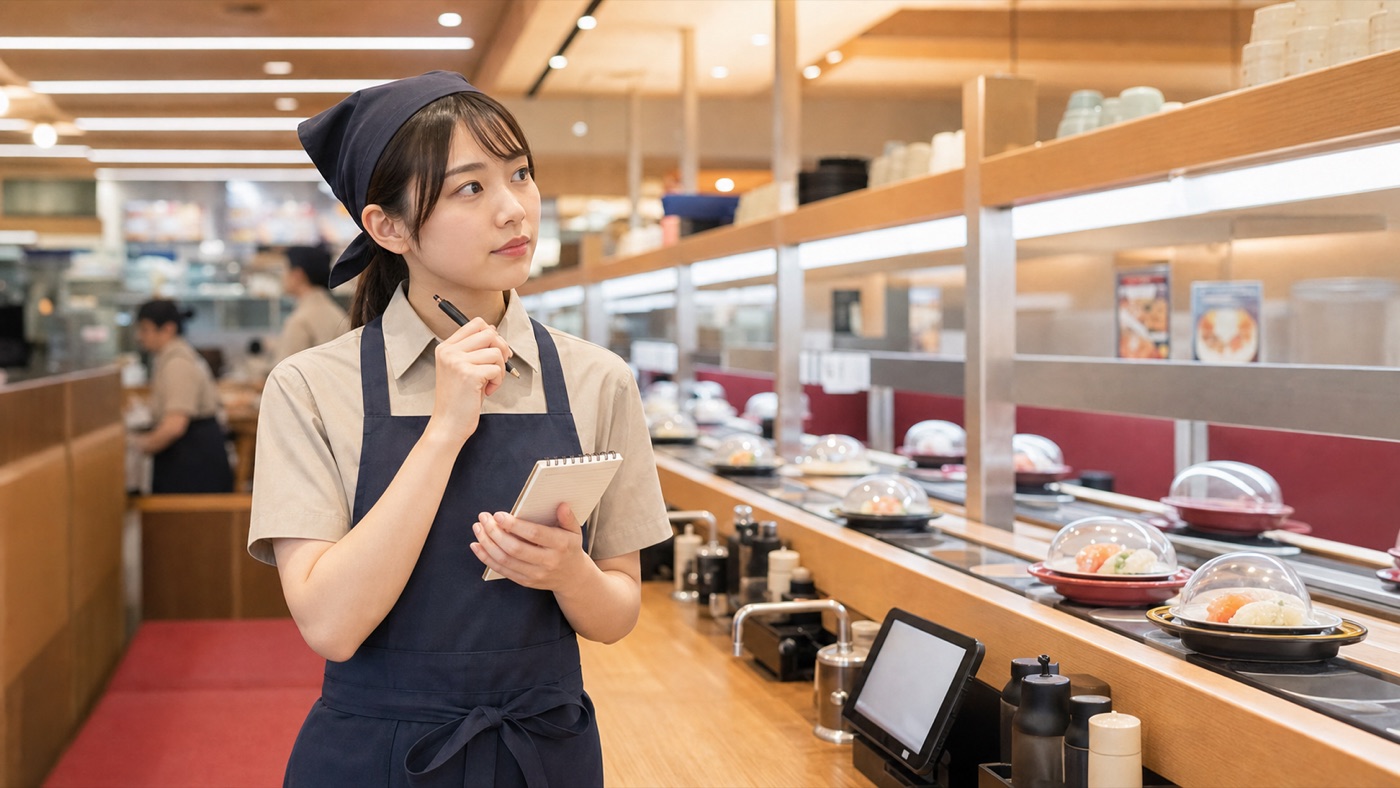 回転寿司店のバイトに応募する前に仕事内容や口コミを確認するスタッフのイメージ