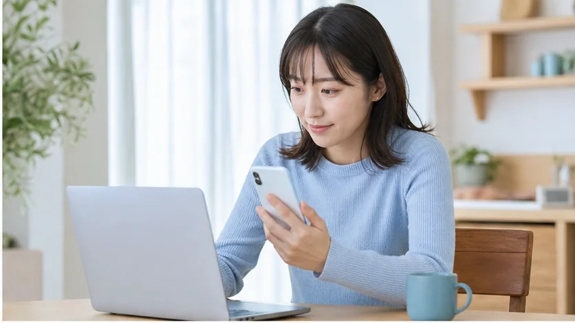 旧メールアドレスと変更先を確認する女性