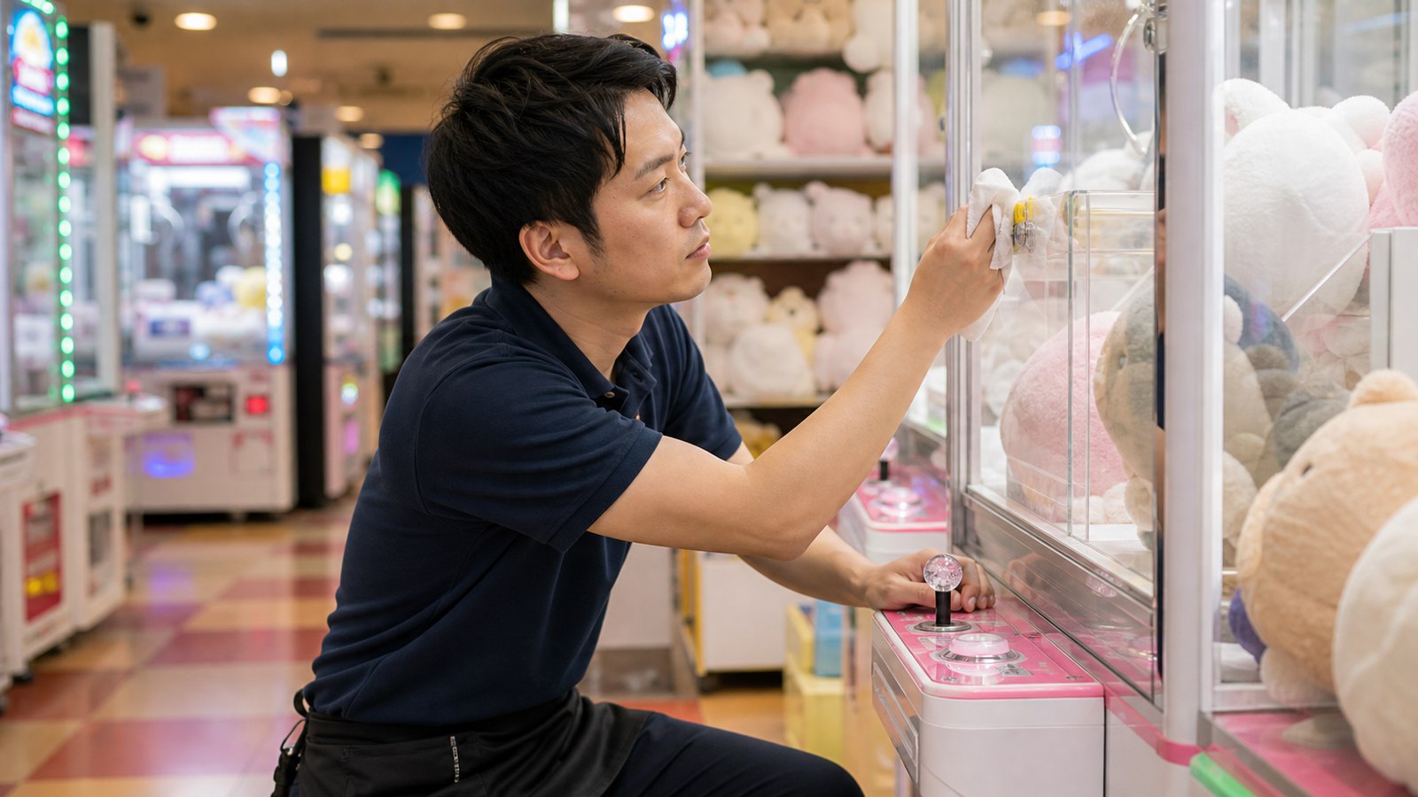 アミューズメントフロアで機械や景品を確認するスタッフのイメージ