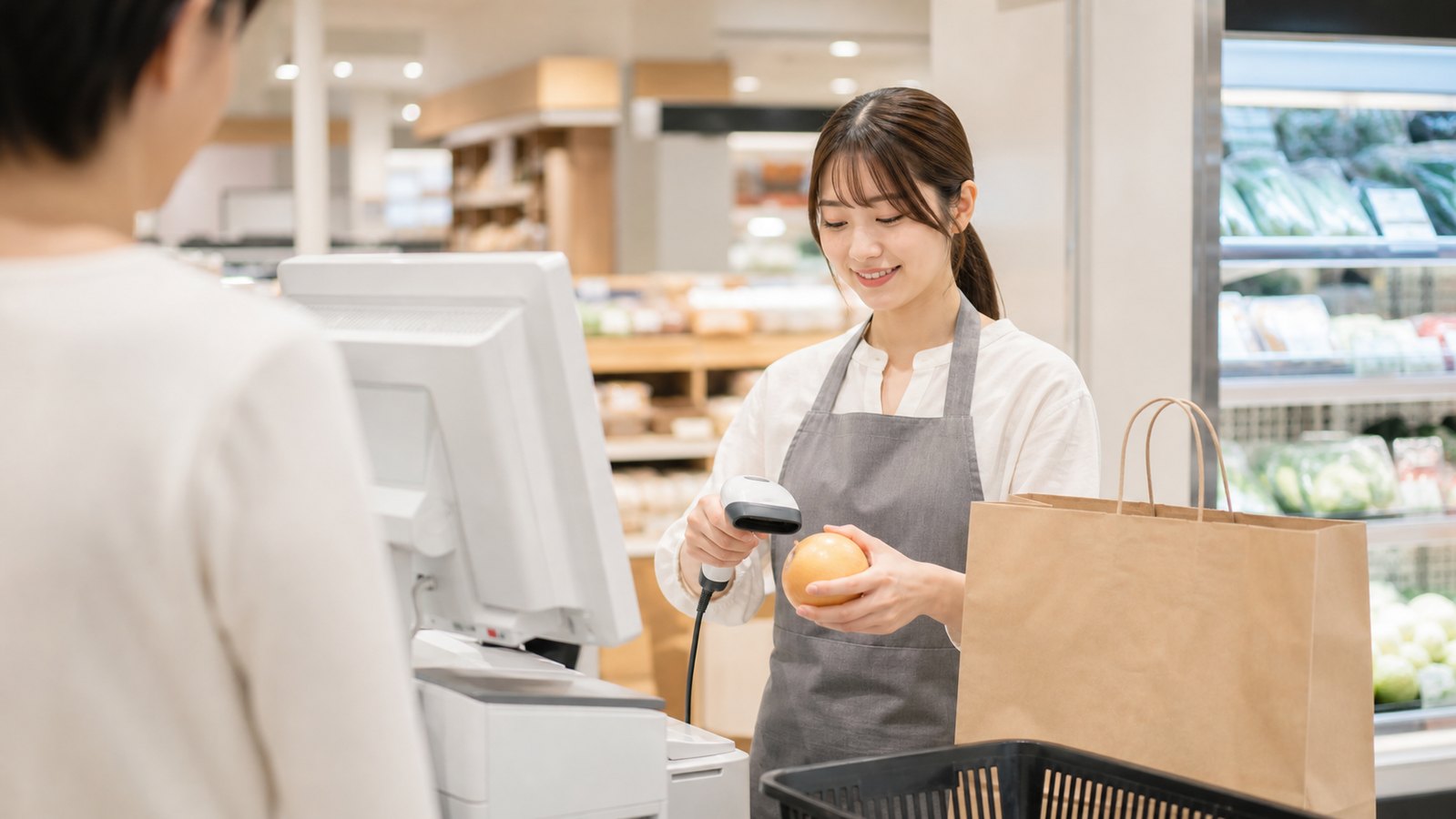 ハローズのバイトでレジや接客対応をするイメージ