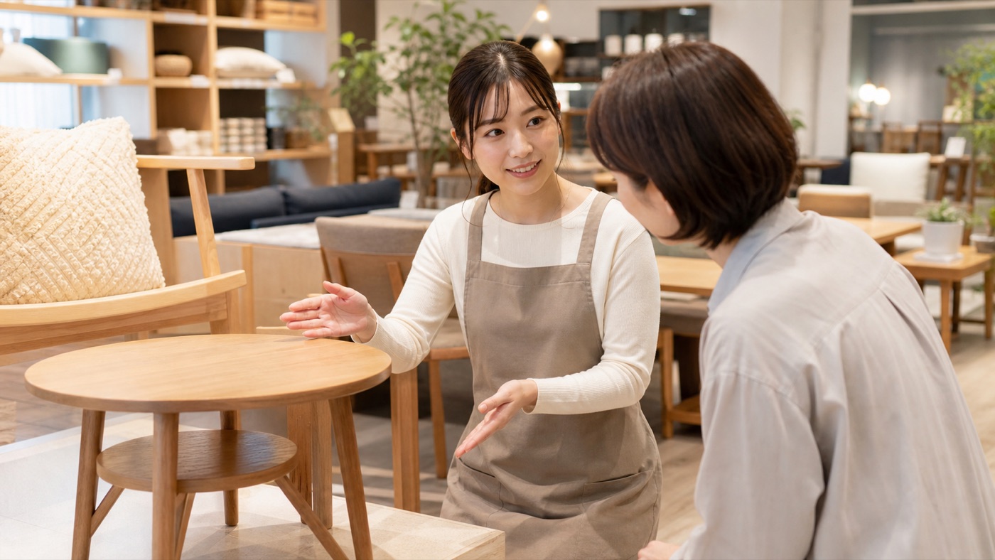 ニトリバイトで商品案内や接客対応をするスタッフのイメージ