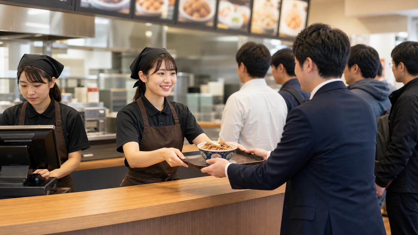 吉野家バイトで注文対応や商品提供をする接客のイメージ