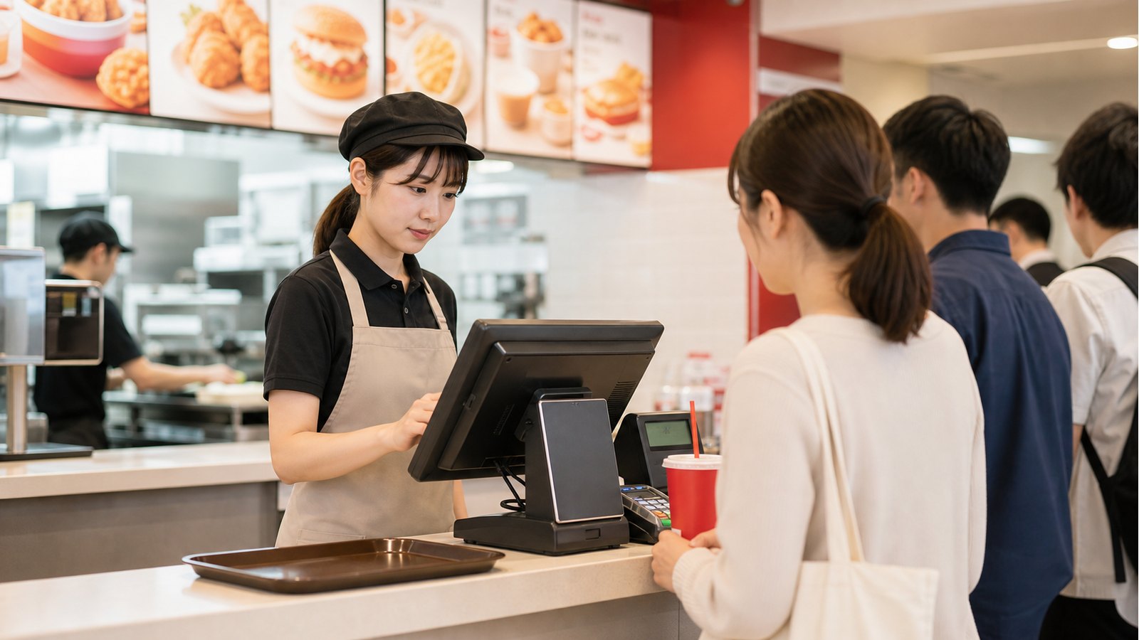ファストフード店のカウンターで注文やレジ対応をするバイトスタッフのイメージ