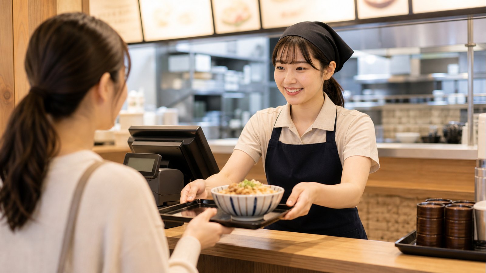 なか卯バイトで商品を渡すカウンター接客のイメージ