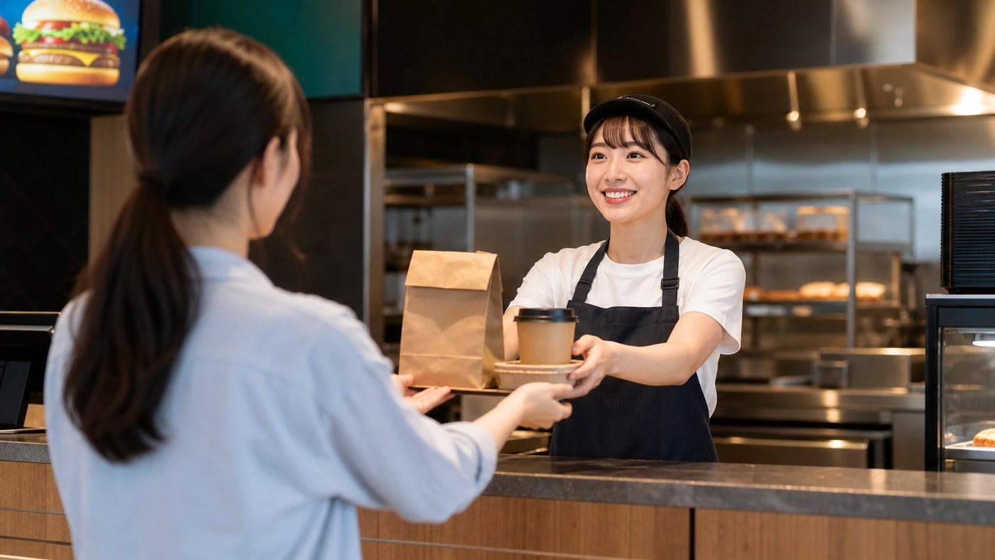 モスバーガーバイトでレジや商品受け渡しをする接客対応のイメージ