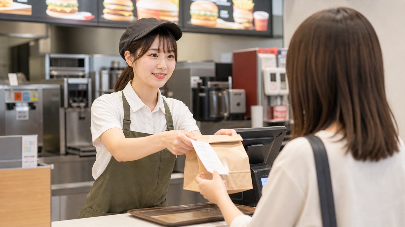 モスバーガーバイトでレジや商品受け渡しをする接客対応のイメージ