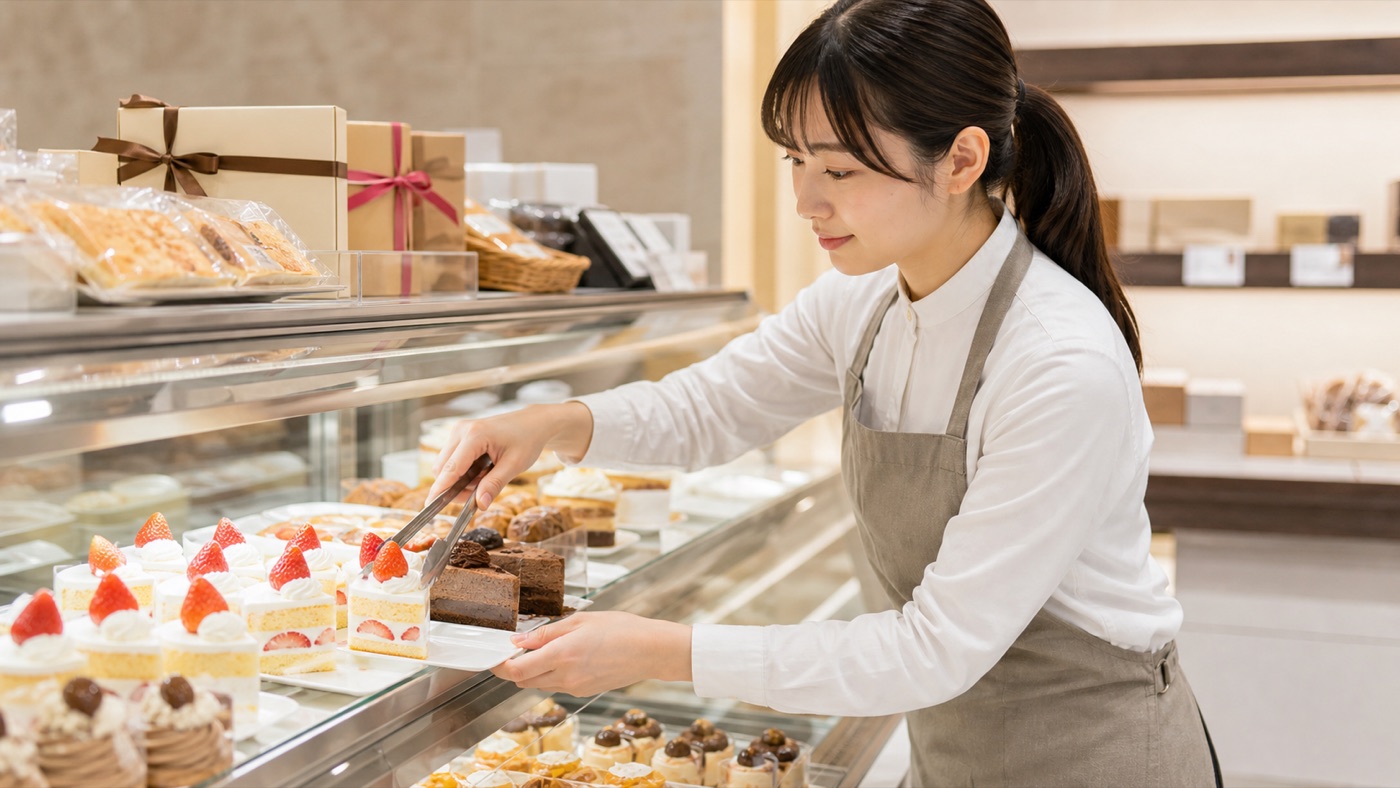 シャトレーゼバイトでケーキや焼き菓子を丁寧に陳列する作業のイメージ