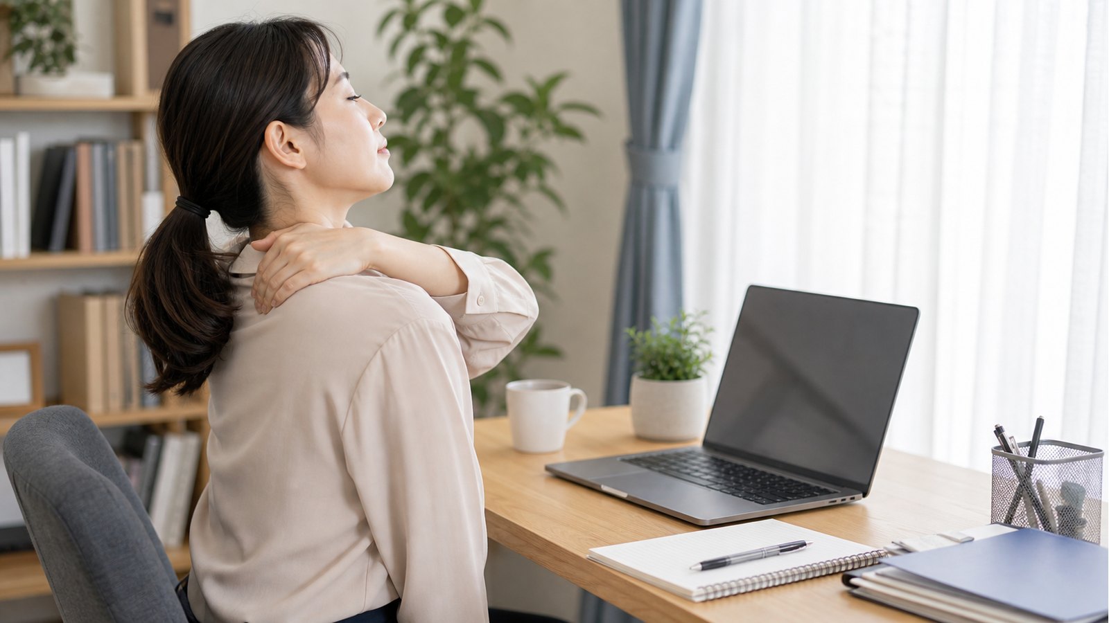 長時間のデータ入力で肩や目の疲れを感じるデスクワークのイメージ