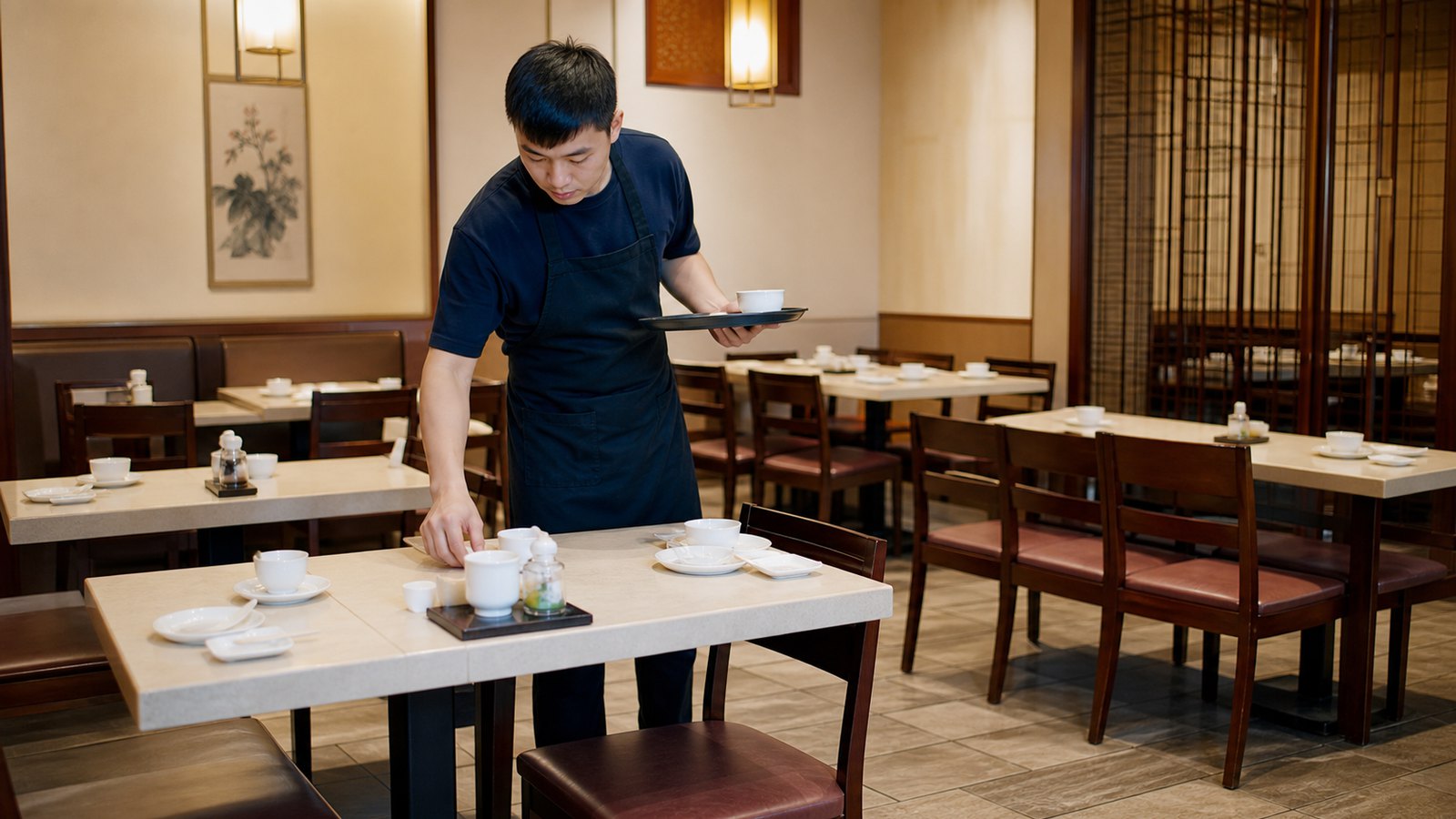 中華レストランのフロアでテーブルを整えるスタッフのイメージ