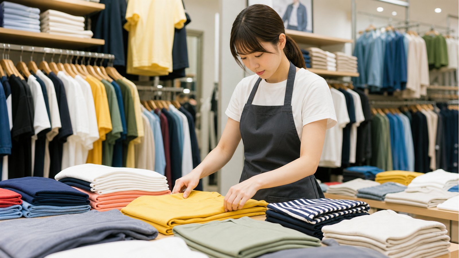 アパレル店で服をたたみ直し売り場を整えるGUバイトのイメージ