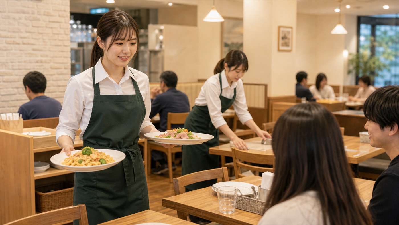 サイゼリヤバイトで料理提供やテーブル対応をするホール接客のイメージ