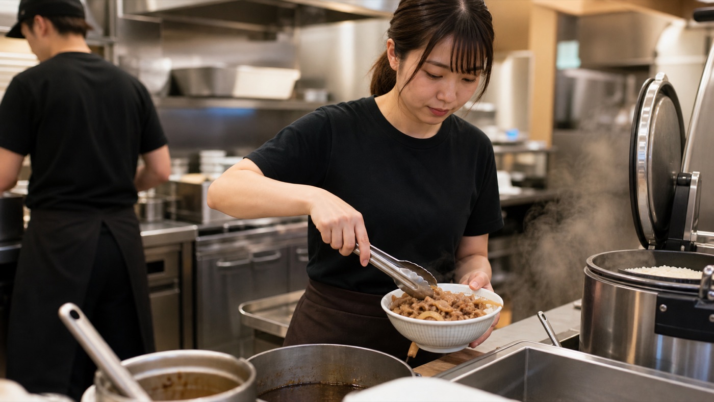 吉野家バイトで牛丼を調理するキッチン作業のイメージ