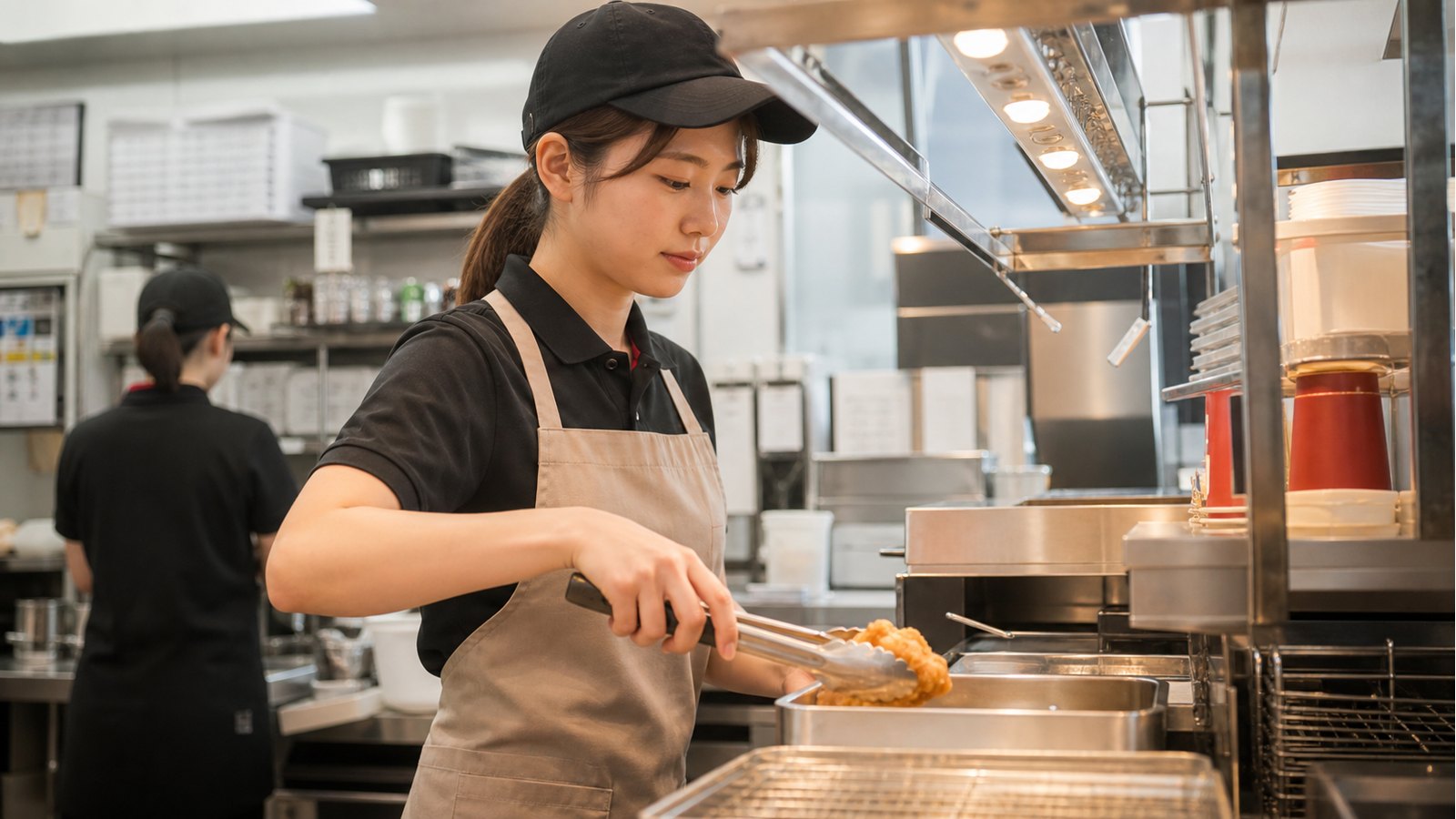 ファストフード店で揚げ物や調理補助を担当するバイトスタッフのイメージ